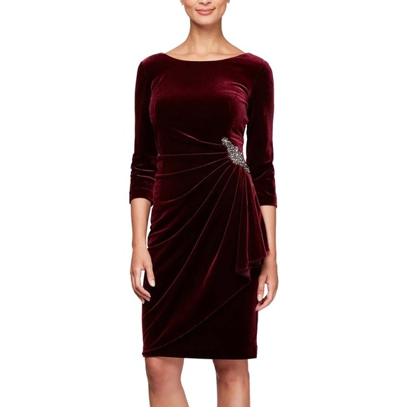 Alex Evenings Dresses & Skirts - Alex Evenings Velvet Ruched Embellished Sheath Dress Burgundy Size 12